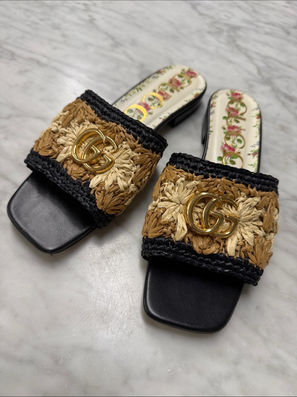 Gucci Jolie Raffia Crochet Flower Slide Sandal Size 37.5 - Picture 2 of 10